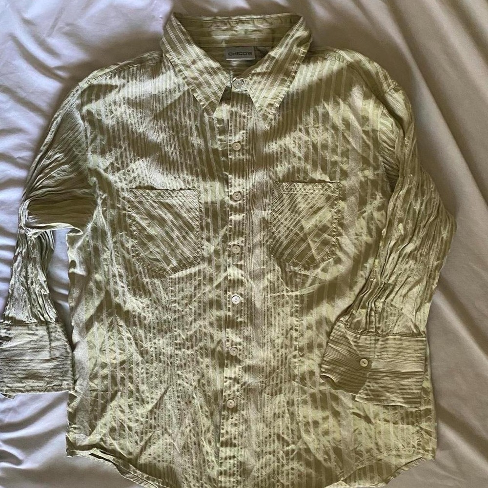 Chico's Button Up Shirt Green Striped Silk Blend Crinkle 3/4 Sleeve Size L